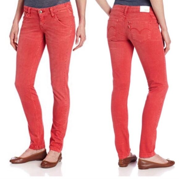 Levi's | Coral Red Denim Curve Low Rise Skinny Jeans | Size 5/27 - Picture 1 of 11